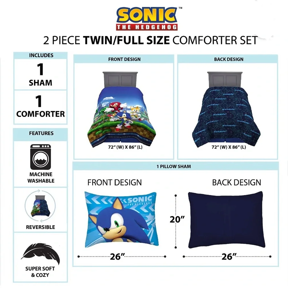 Sonic Tails Knuckles 2-Piece Reversible Bedding Comforter Set - Twin/Full